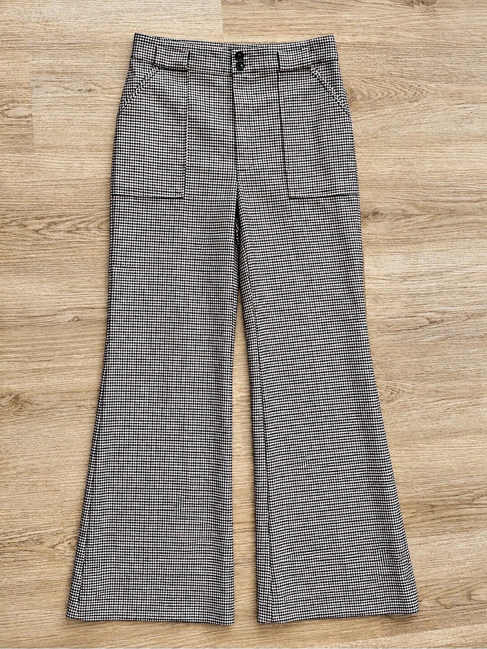 Free People Rudy Flared Plaid Trousers Houndstooth Wide Leg Pants in Brown &